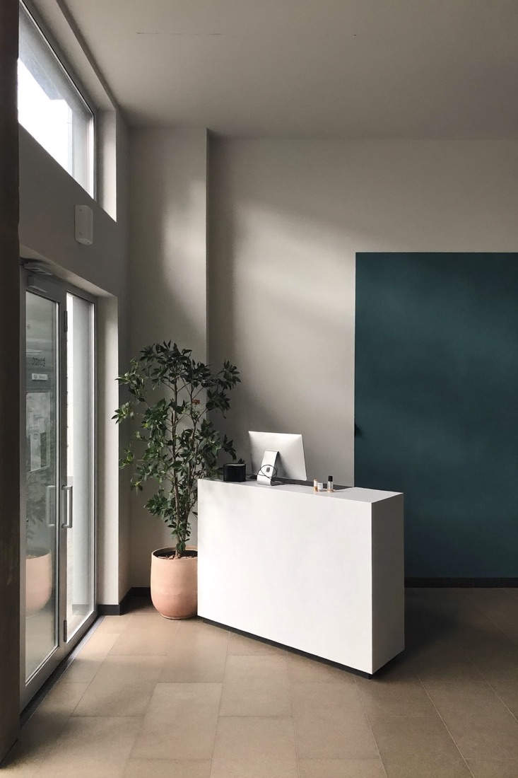 The clinic reception, calm and uncluttered