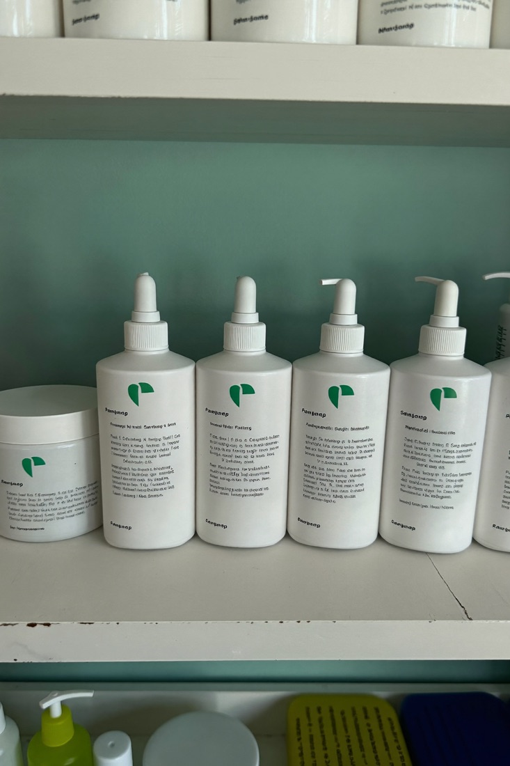A shelf of unbranded skincare bottles in the clinic
