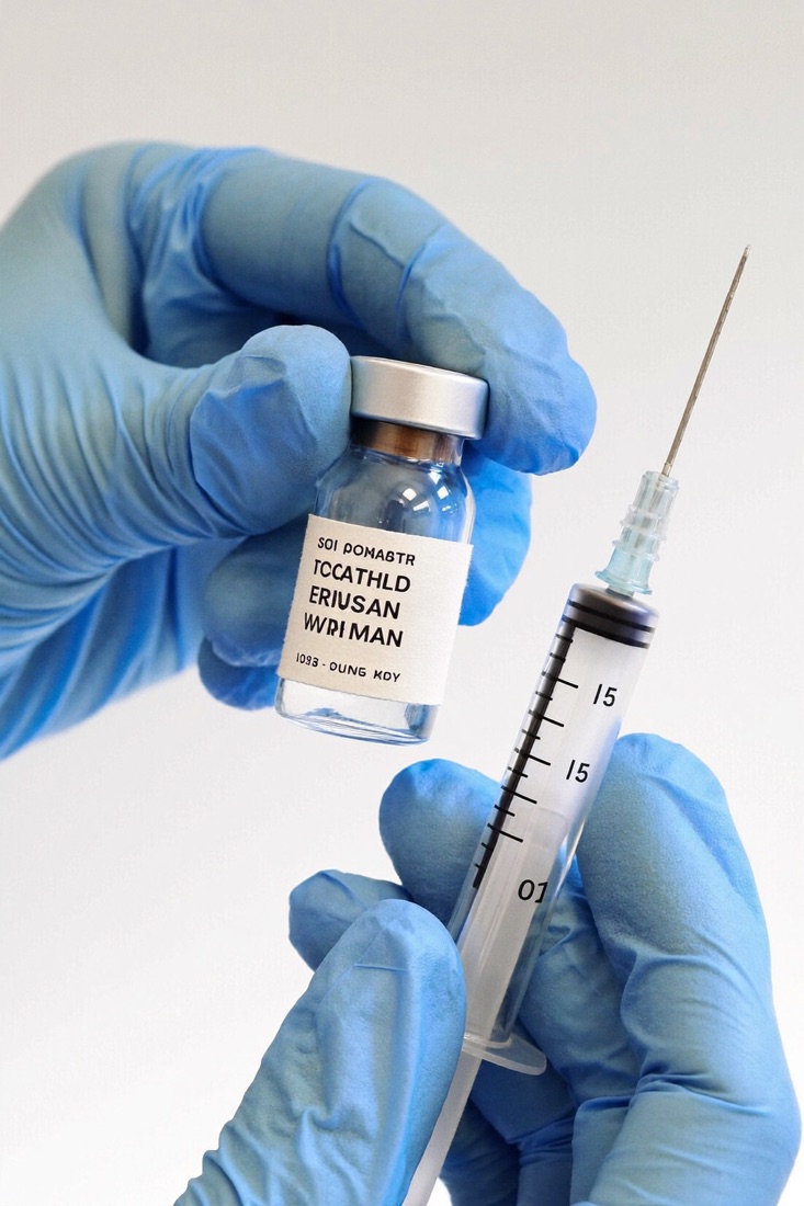 Gloved hands holding an unlabelled vial and syringe